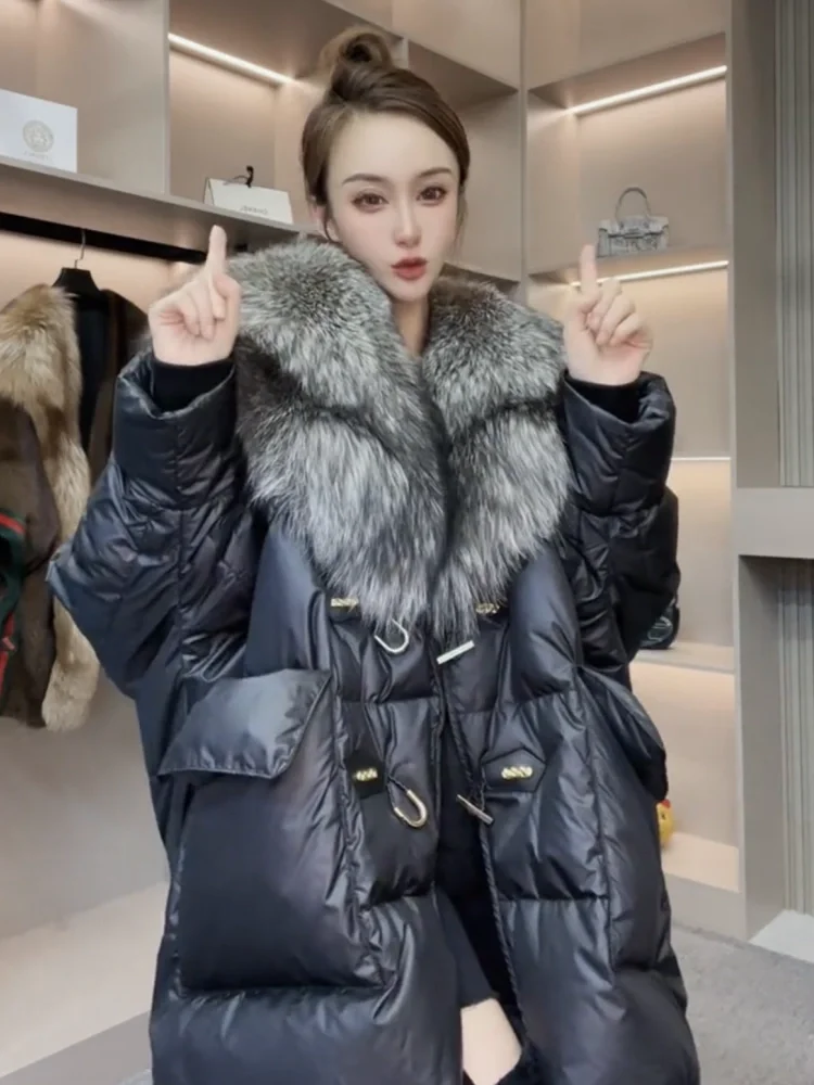 Women's 2024 Winter New High-End Fashion Down Jacket Fur Silver Fox Big Fur Collar Thick Warm Long Sleeves Elegant Down Coats