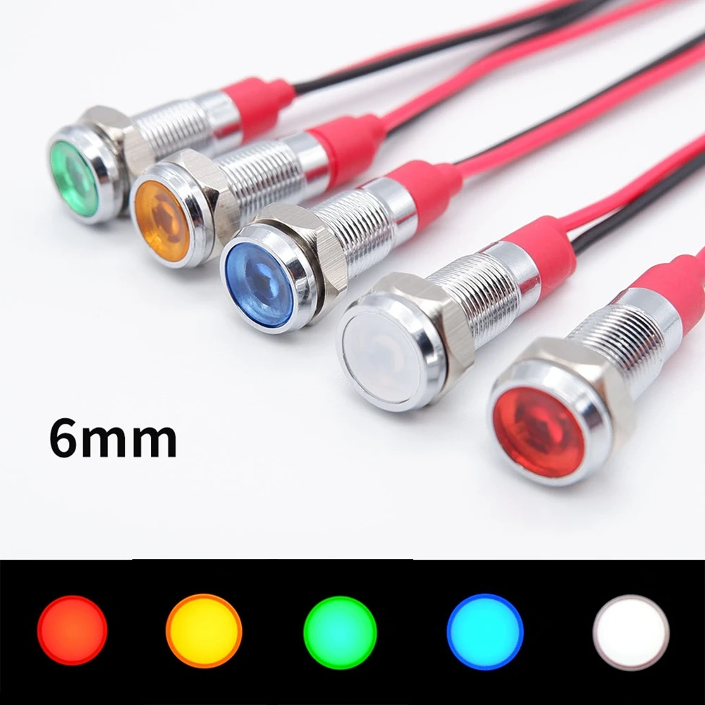 Металлический индикатор, 6 мм, светодиодная сигнальная лампа, вспомогательные провода, переключатель 3 В, 5 В, 12 В, 24 В, 220 В, красный, оранжевый, синий, зеленый, белый с проводом 6 8 10 12 16 19 22 мм светодиодный металлический индикатор светильник с проводом 3 в 5 в 6 в 12 в 24 в 220 в красный желтый синий зеленый белый