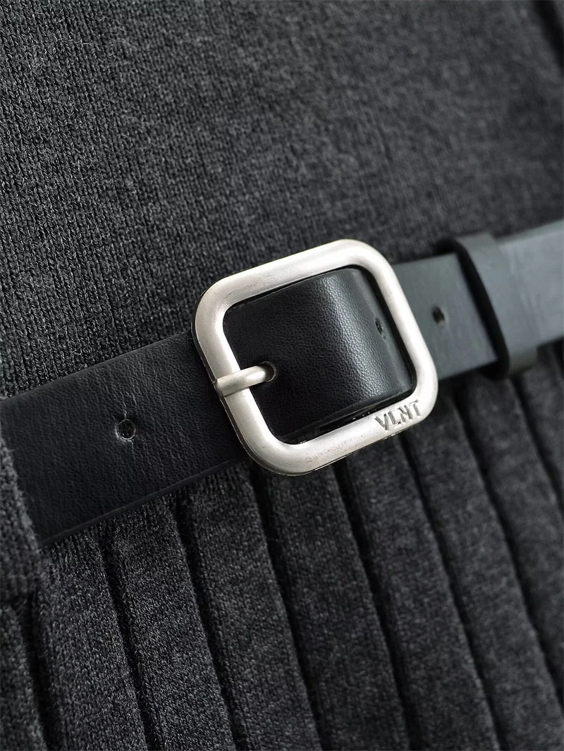 Korean Fashion Knitted Short Dresses for Women Autumn New Patchwork Long Sleeve Pleated A-line Y2K Sexy Party Dress with Belt