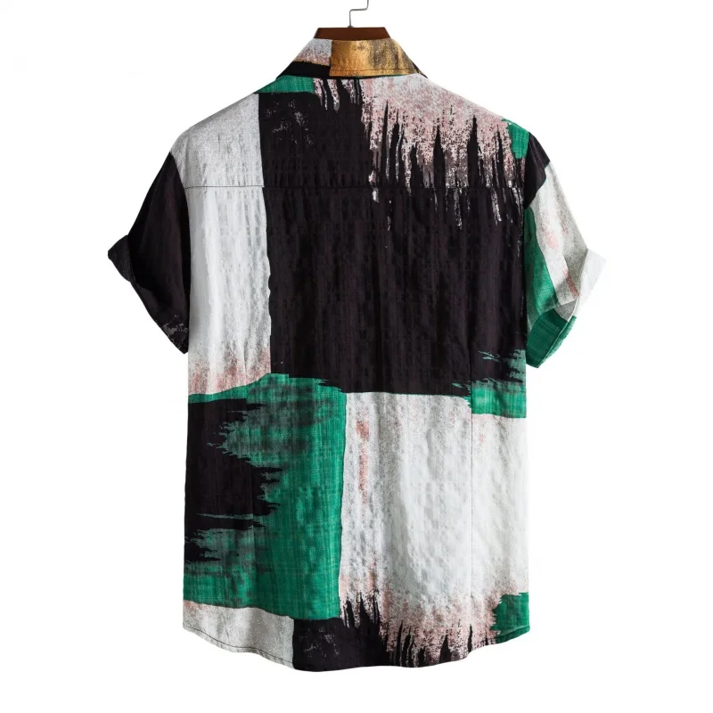 SZYL-New Summer Men's Floral Color Matching Cardigan Short Sleeve Casual Polo Collar Beach Short Sleeve Shirt Men