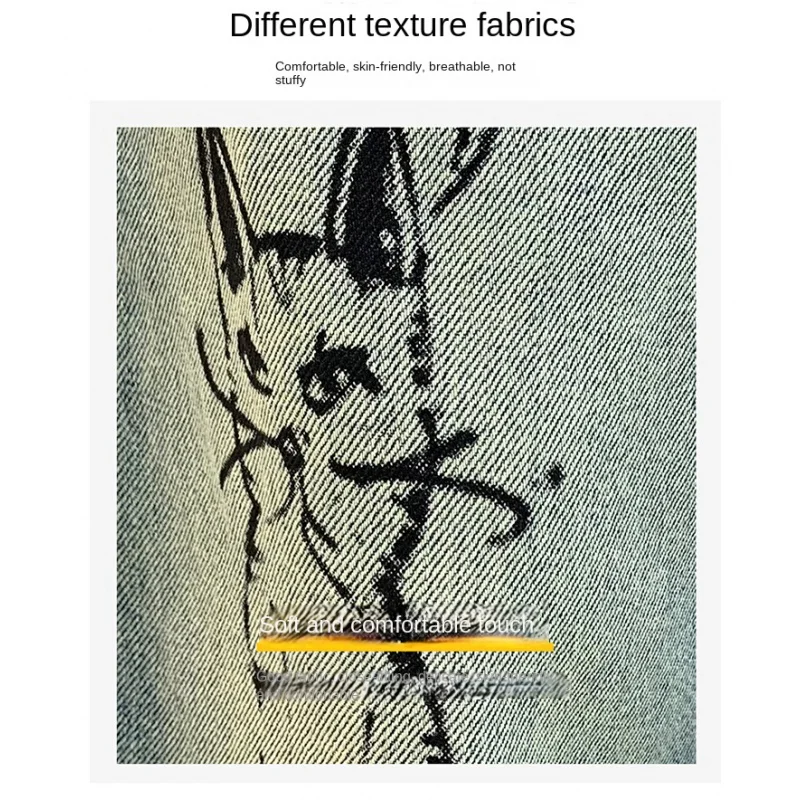High street handsome men's jeans personalized graffiti printing casual pants spring and summer models trend loose straight pants 6