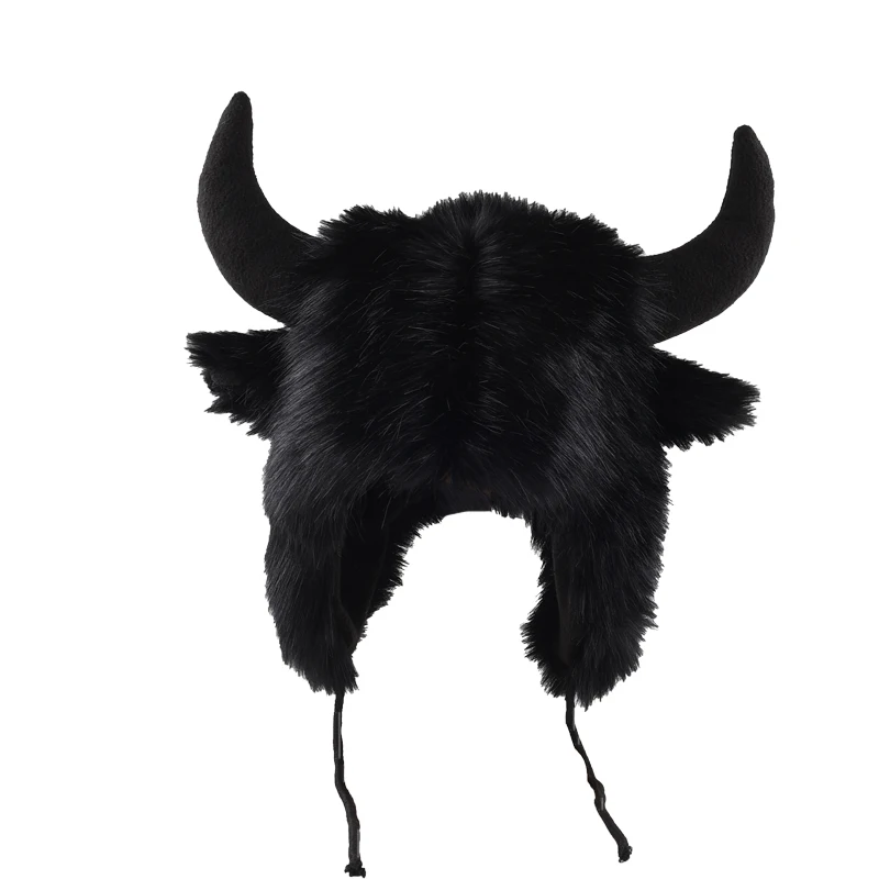 Fashion Big Black Horn Maomao Lei Feng Hat for Men and Women Winter Warm Ear Protection Wind and Cold Riding Bull Hat