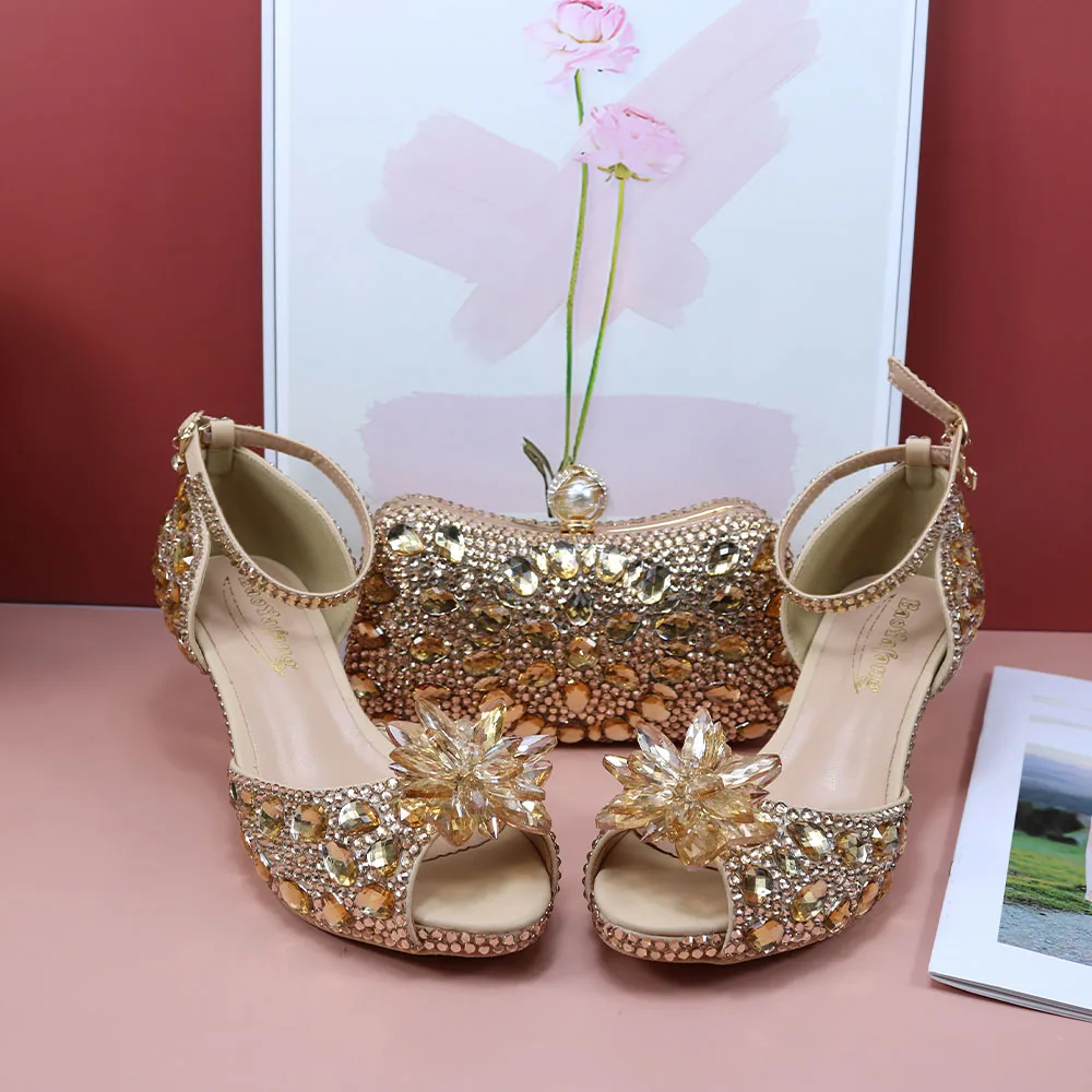Champagne gold Crystal flower Wedding Bridal shoes with Bag Set Luxury  rhinestone Open Toe party dress shoes Pumps Peep Toe - AliExpress, image size:1000x1000