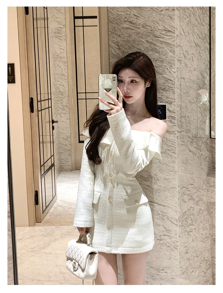 Elegant Tweed Slash Neck Short Dresses for Women Long Sleeve Slim Waist Birthday Party Dress Korean Fashion Vestidos Mujer