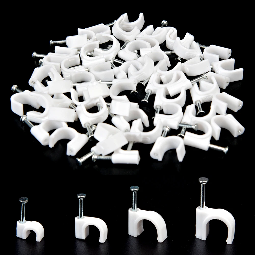 100PCS Round Cable Wire Clips 4mm 6mm 8mm 10mm Cable Management RG6 CAT6 RJ45 Steel Nail Wire Clamp Round Square Type
