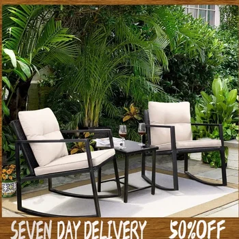 3 Pieces Rocking Wicker Bistro Set with Glass Coffee Table 1