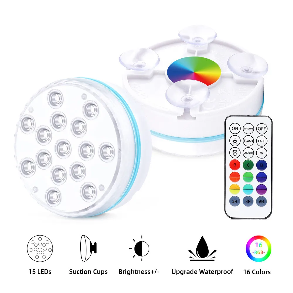 15 LED Underwater Swimming Pool Light Submersible 16 Colors Pond Lights IP68 Bathtub Light Tub Light for Fountain Aquariums Yard boatpluglight