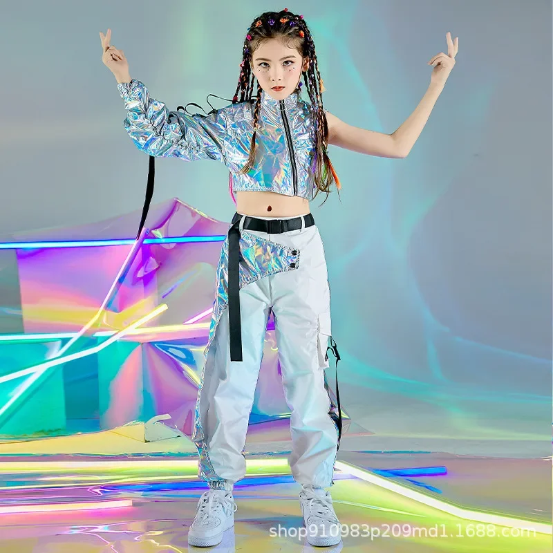 

Hip-Hop Dance Clothes Reflective Rave Outfit Girl Sets Jazz Dancewear Festival Crop Tops Cargo Pants Catwalk Show Costume