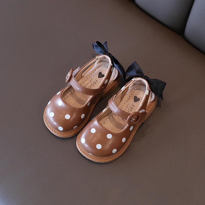 Toddler Girl's Mary Janes Elegant Back Bowtie Beige Khaki Four Season Children Leather Shoes 21-30 Polka Dot Light Kids Shoes leather shoes mary jane shoes girls shoes