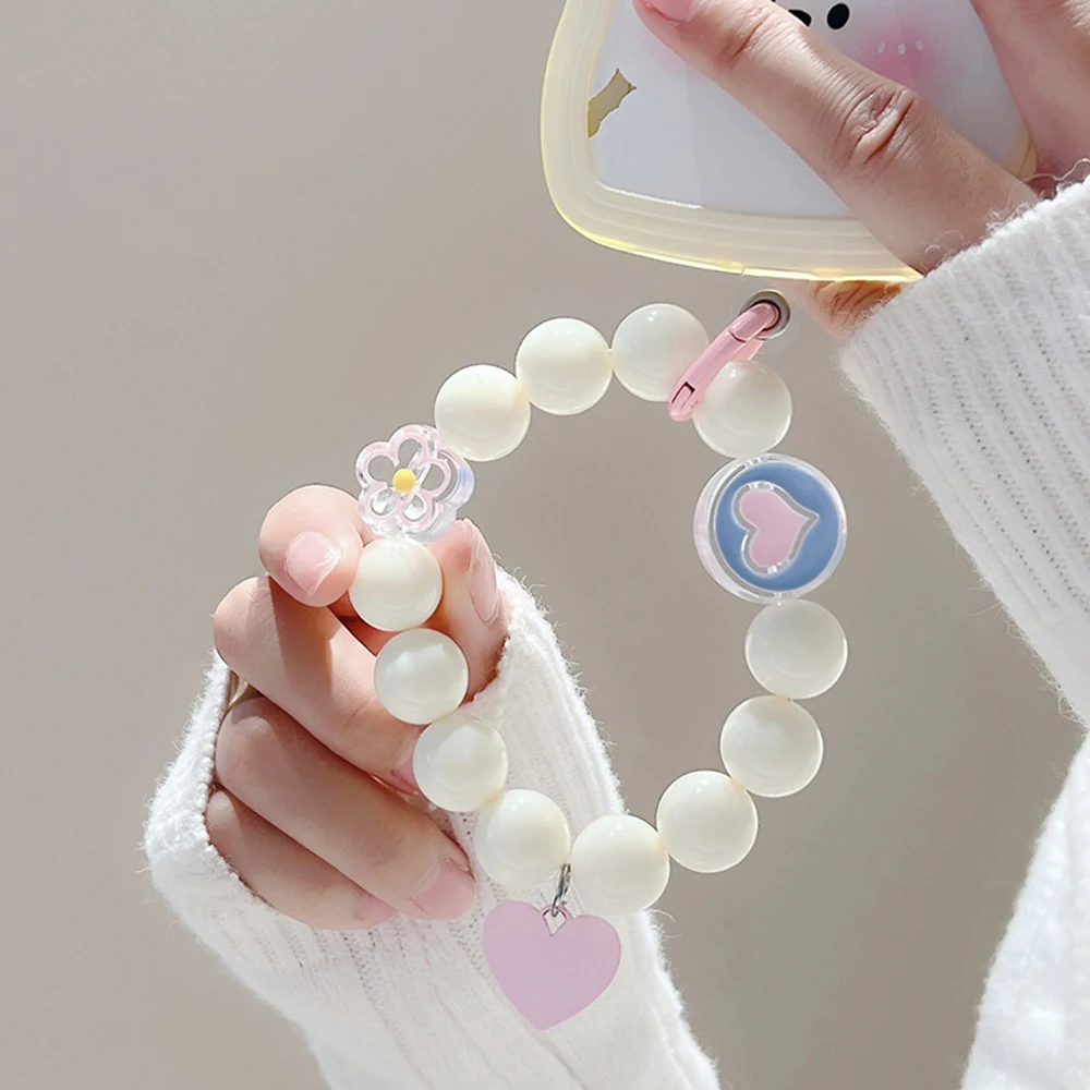 Love Heart Flower 휴대폰 랜야드 짧은 손목 스트랩 팔찌 비즈, 핸드메이드 펜던트, 휴대폰 참, 분실 방지 키체인 코드
