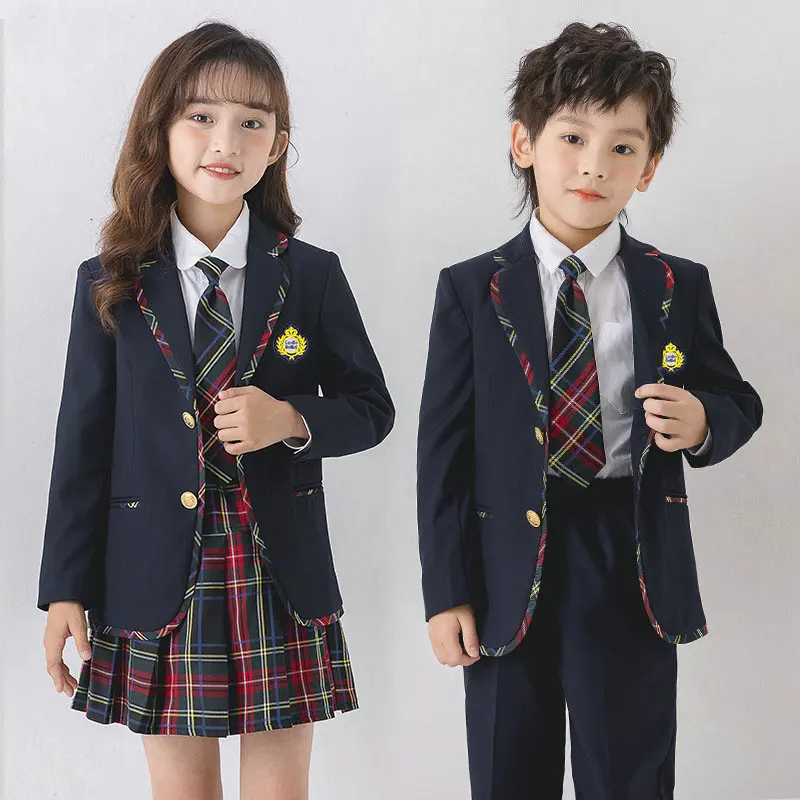 

Children School Uniform Girls Jacket Plaid Skirt Suits Boys Formal Dress Toddler Student Clothes Sets Kids British Class Outfits