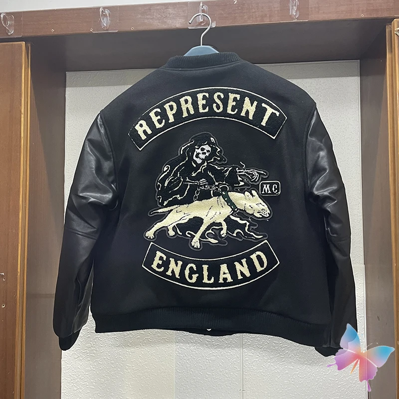 

Dropshipping Winter REP Baseball Uniform Men Women Jackets Devil Dog Towel Embroidery Leather Sleeve Patchwork Jacket Coats