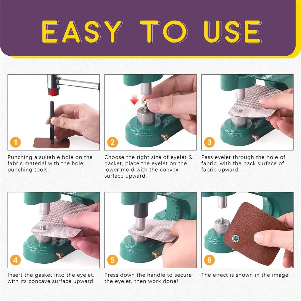 Eyelet grommet machine heavy duty hand press eyelet grommet machine punch tool kit with 8mm 6mm 10mm dies and 1500 Pcs gold silver grommets