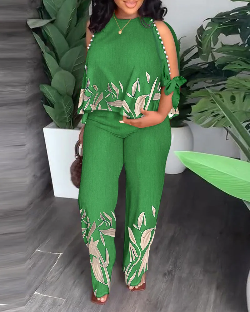 

Casual Round Neck Beaded Split Top and 2 Piece Pants for Women Plus Size Elegant Spring Summer 2023