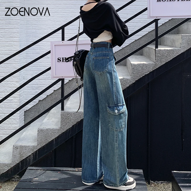ZOENOVA 하이 퀄리티 용수철 가을 패션 신상 레트로 와이드 레그 팬츠, 캐주얼 Y2K 여성 청바지, 엄마 루즈 카고 스트레이트 팬츠