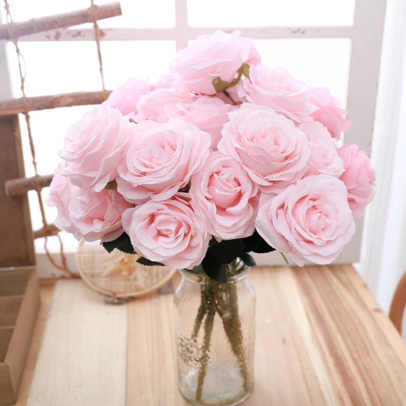 9 teste grandi fiori artificiali bianchi Bouquet di Rose di seta Champagne  per la decorazione della casa di nozze soggiorno camera da letto