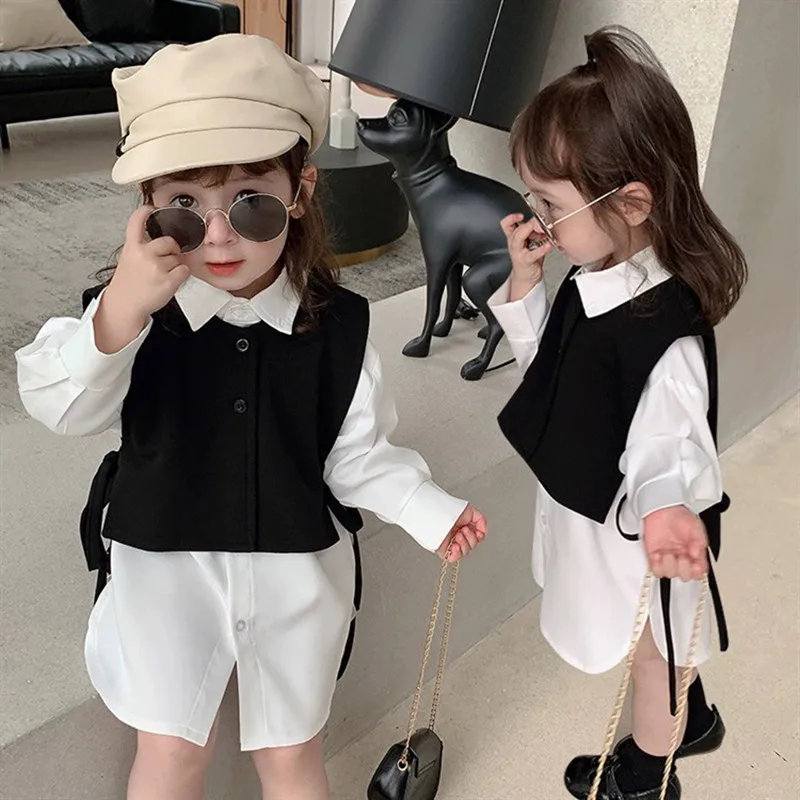 

Fashion Children Autumn Clothing Set Casual Cotton Two Piece Outfits Sets Black Sleeveless Vest+White Shirt Dress For 2-7Years