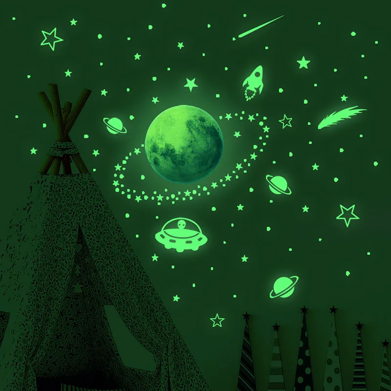 Enchanting Glow in the Dark Wall Stickers of Cartoon Bunnies and Shiny Spaceships