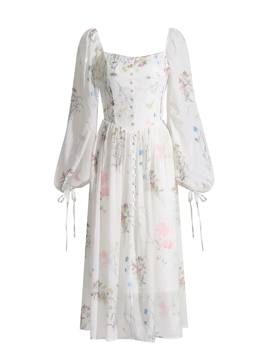 

Женское платье с квадратным вырезом и пышными рукавами, элегантное приталенное платье с цветочным принтом