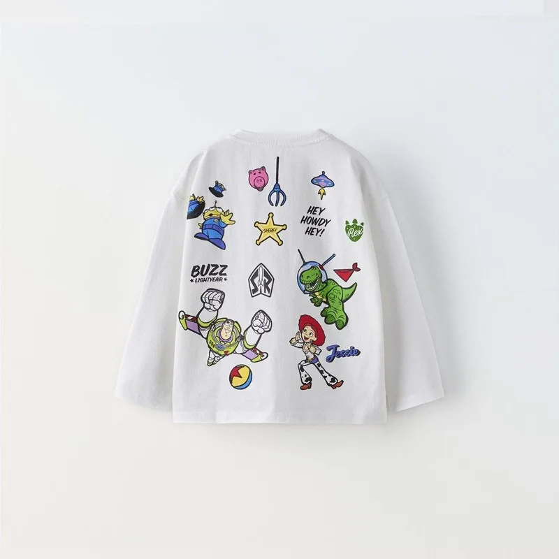 Fashion White Long Sleeve Tshirt Casual Loose Round Neck Base Shirt Cartoon Print Tees Boys Spring Autumn Wear All-match Tops 4