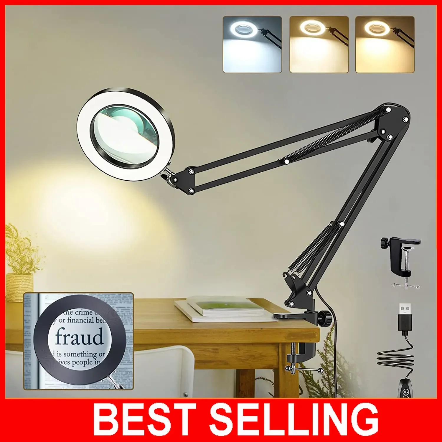 10X Magnifying Glass With Light And Stand, KIRKAS 2-In-1 Stepless Dimmable  LED Magnifying Lamp With Clamp, 3 Color Modes Lighted Magnifier Lens