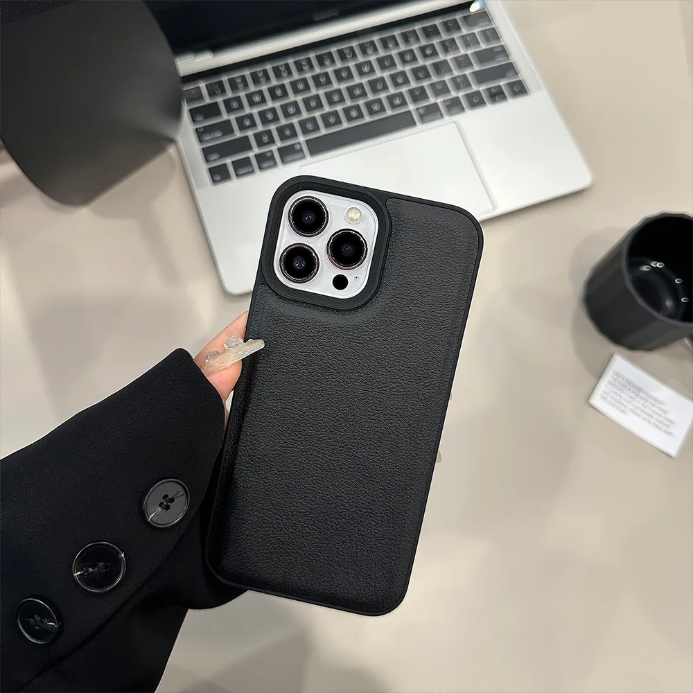 Premium Black Leather Grain Phone Case For iPhone15 14 13 12 11 Pro Max  TPU Fall Prevention Case Cover New Products