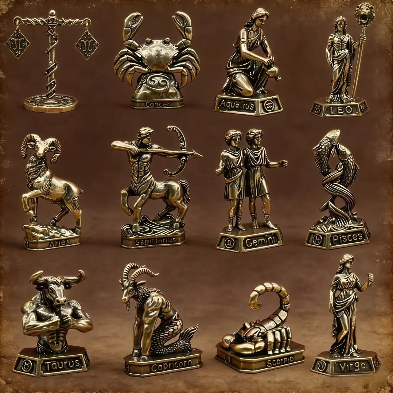 Figuras dos Doze Signos do Zodíaco para Decoração de Casa, Presentes Vintage, Artesanato em Cobre para Mesa