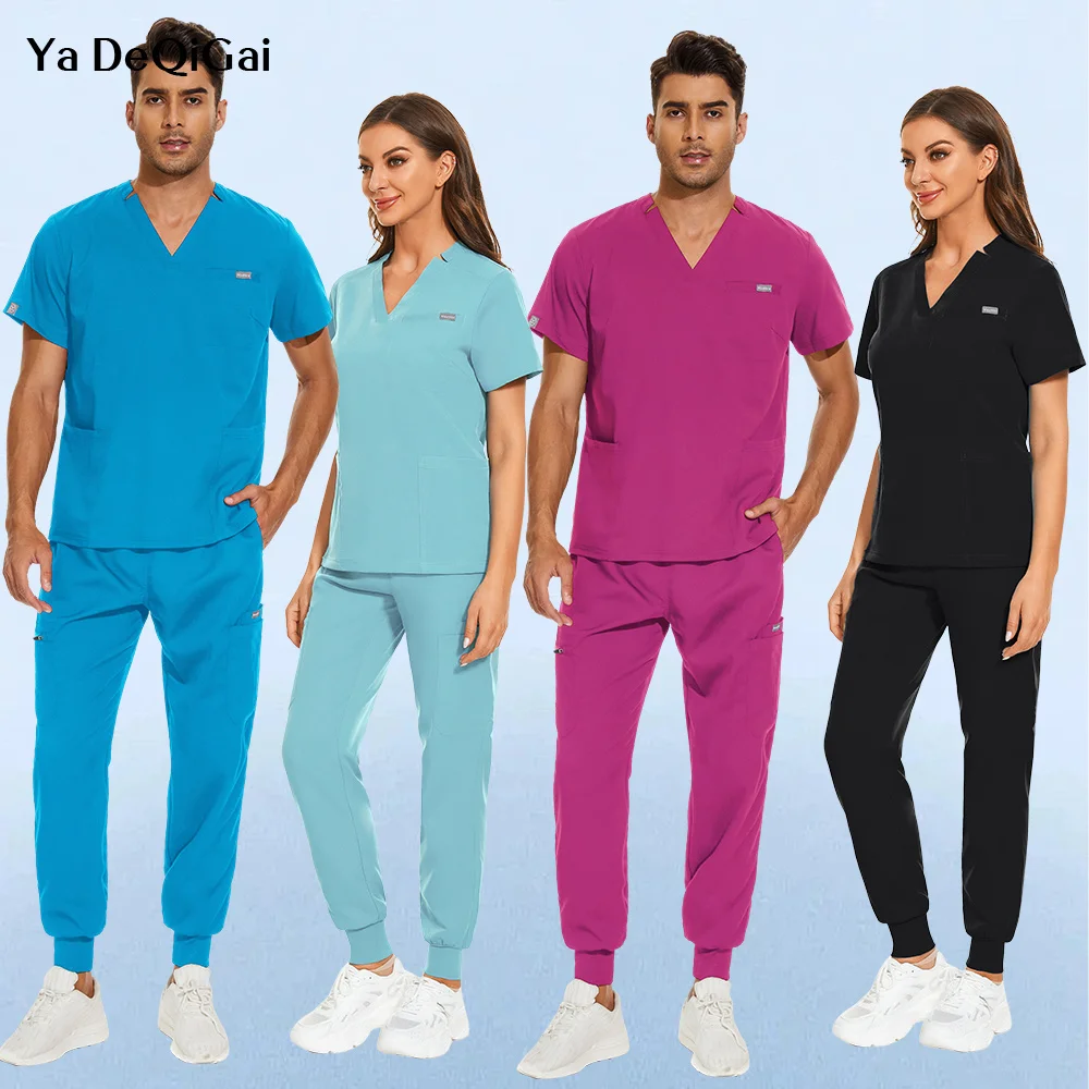 

Medica Nursing Scrubs Suits Casual Short Sleeve V-neck Tops Blouse Pocket with Zip Scrub Pants Unisex Scrubs Set Doctor Nurse