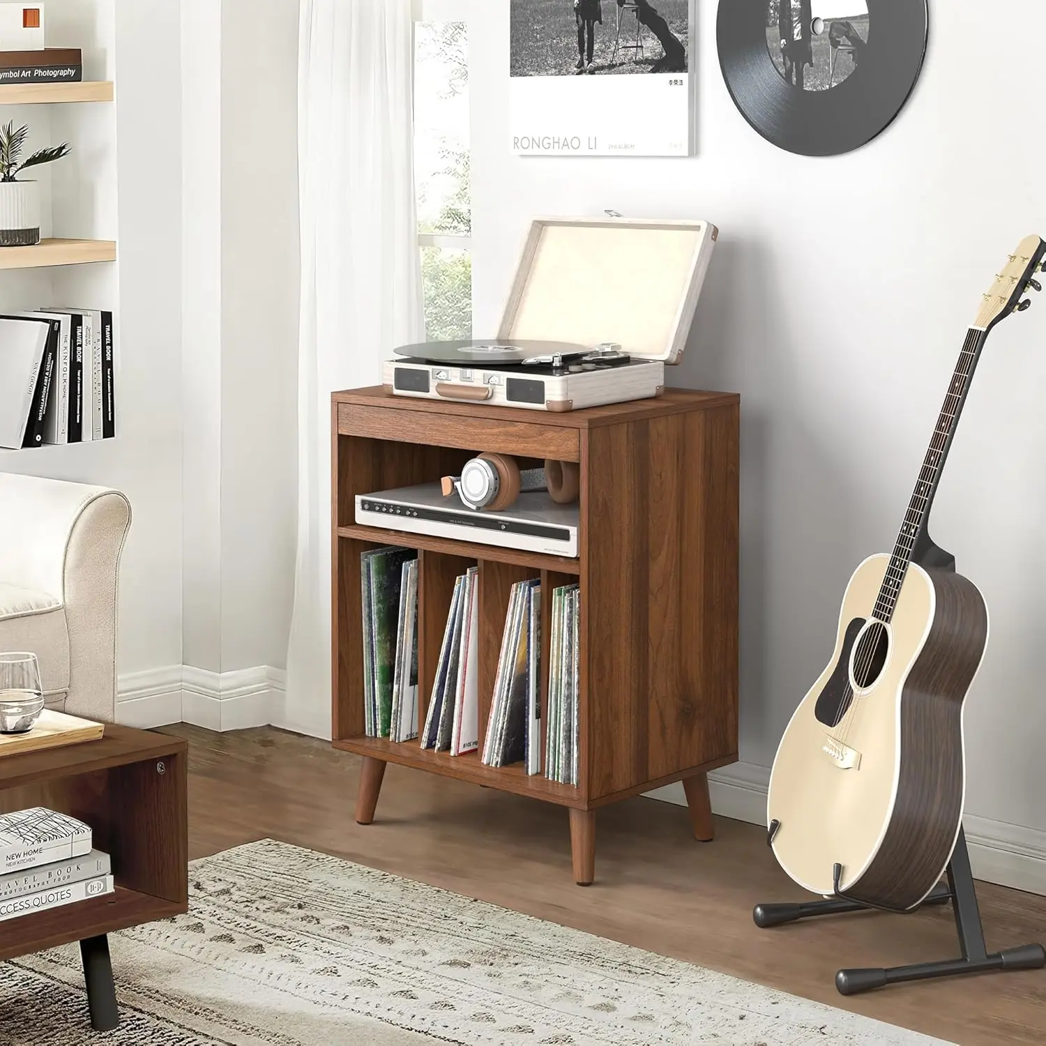 Comfort corner Walnut Turntables, Record Player Stand Table with Wood Legs, Concealment Furniture with Vinyl Storage