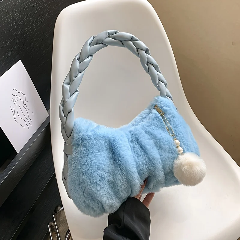 Fashion Fluffy Shoulder Bag Trendy Plush Underarm Bag Women's Casual Handbag & Hobo Purse for Winter Gift for Lover