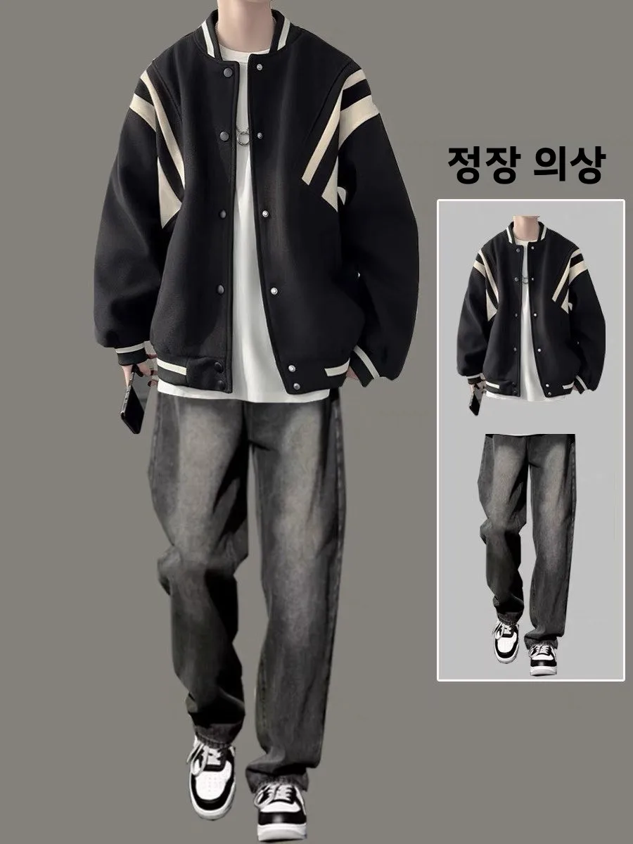 남성용 야구 재킷 및 바지 세트 봄 가을 유행하는 3피스 수트 긴팔 긴바지 청소..