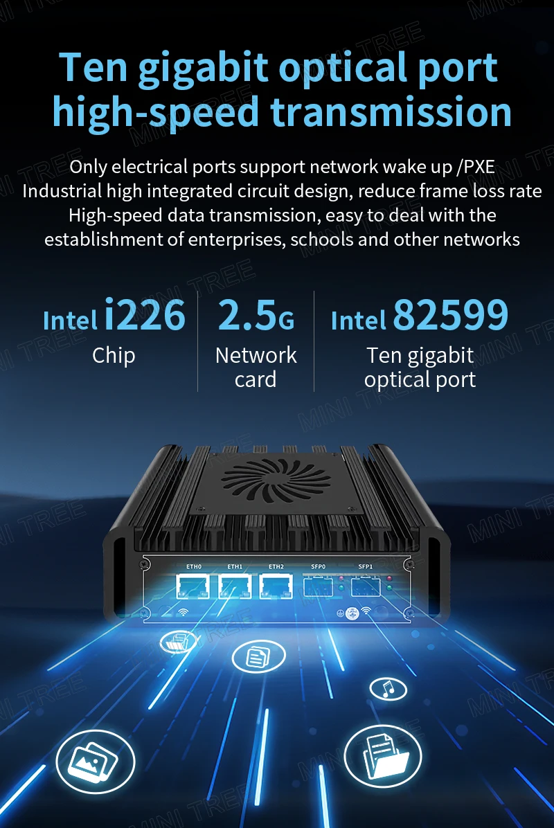 Industrial Mini PC Intel N100 Quad-Core DDR5 Dual 10G SFP+ 3×2.5G Ports Dual 4K NAS/Router Solution SIM Slot/WiFi 6 Support 5