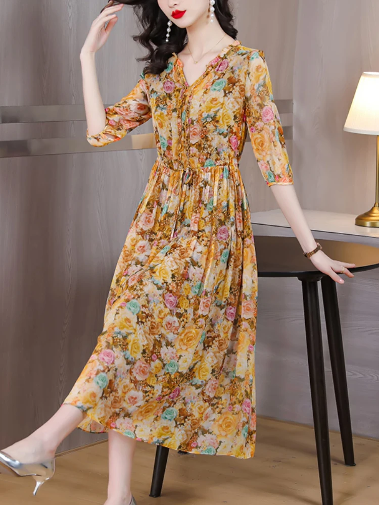 

Women's Silk V-Neck Flower Print Short Sleeve Dress 2023 Summer New Waistband Slim Satin Over Knee Long Dress
