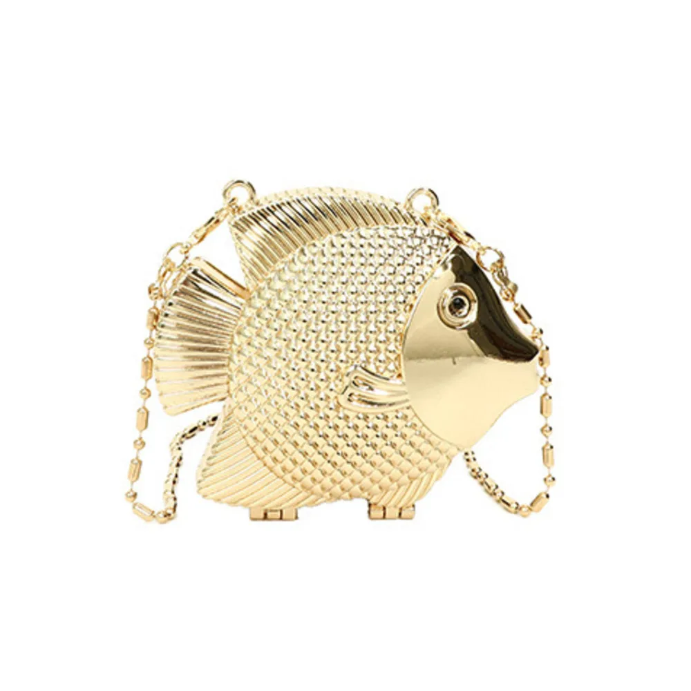 Cute Little Fish Shape Metal Mini Shoulder Crossbody Bag Lady Fashion Lipstick Bag Gold Silver Purse Handbag Evening Clutch