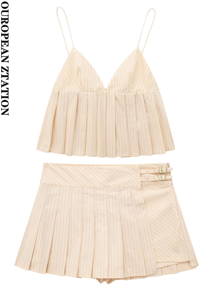 

PAILETE Women 2023 fashion striped pleat thin straps poplin top or high-waist striped box pleat skort two pieces sets mujer