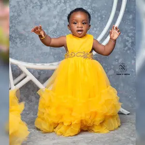 Yellow Little Kids Birthday Dress Beaded Flower Girl Dresses for Wedding Marriage Tiered Tulle Rehinestones Birthday Gowns