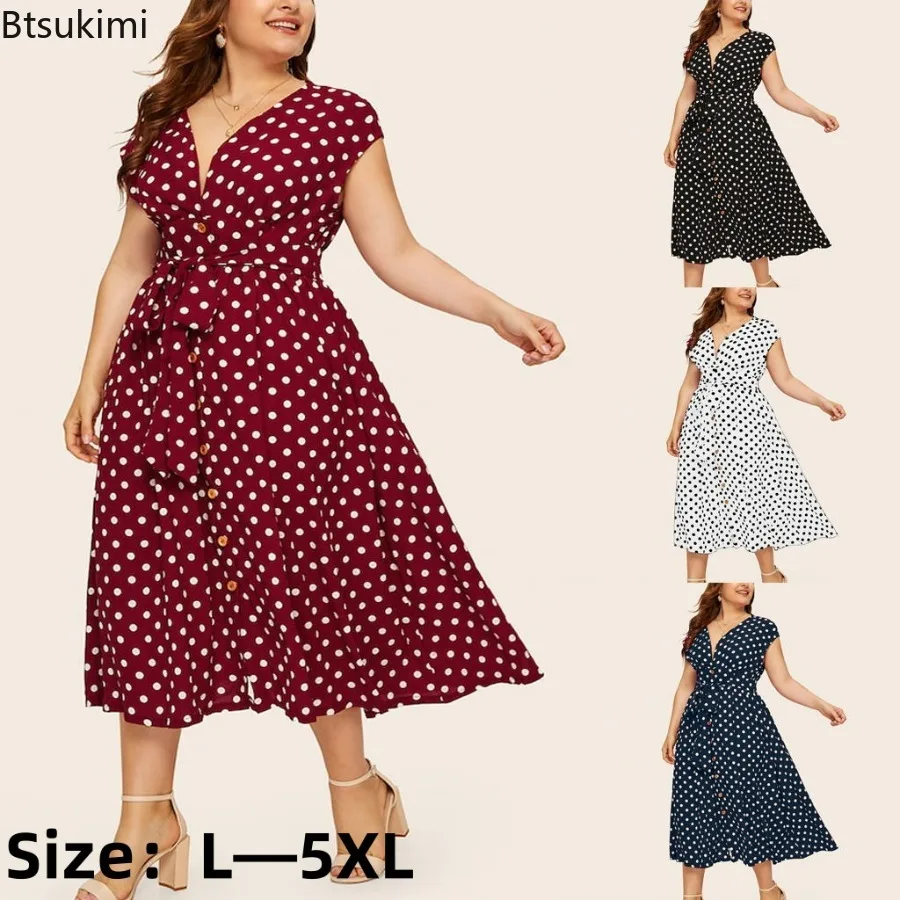 

New 2024 Women's Oversized Polka Dot Print Dress with Button Oversized Slim Fit Evening Party Club Beach Dress Female Maxi Dress