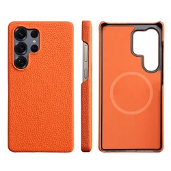 Luxury Magnetic Lychee Leather Phone Case - Natural Cowhide Protector - Galaxy S25 (Orange)