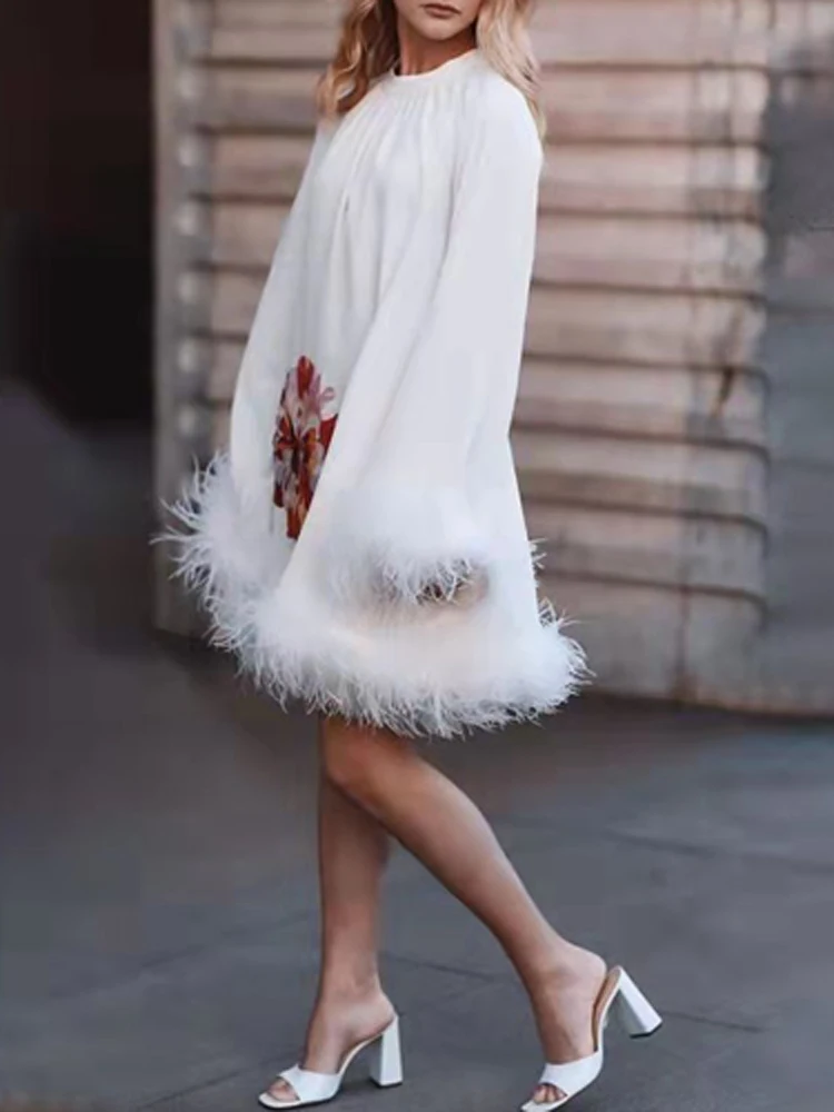 Polo Neck Furry Party Dress Women Elegant Patchwork Feather Mini Dress -S679b54ad491643989e3099591283451b9