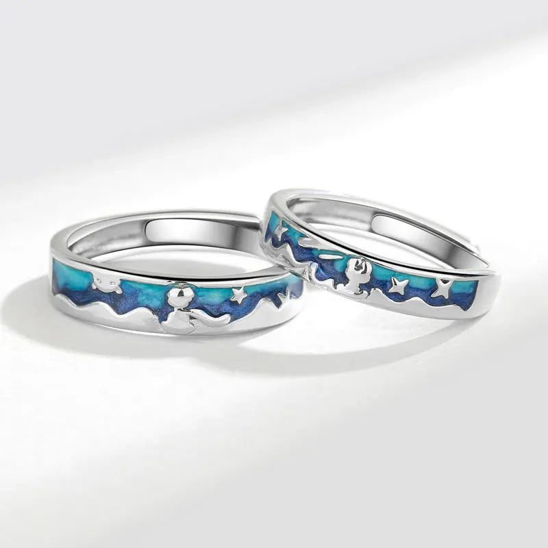 WYEAIIR Romantic Valentine's Day Gift 925 Sterling Silver Blue Glazed Prince Fox Resizable Opening Ring For Lovers Jewelry 3