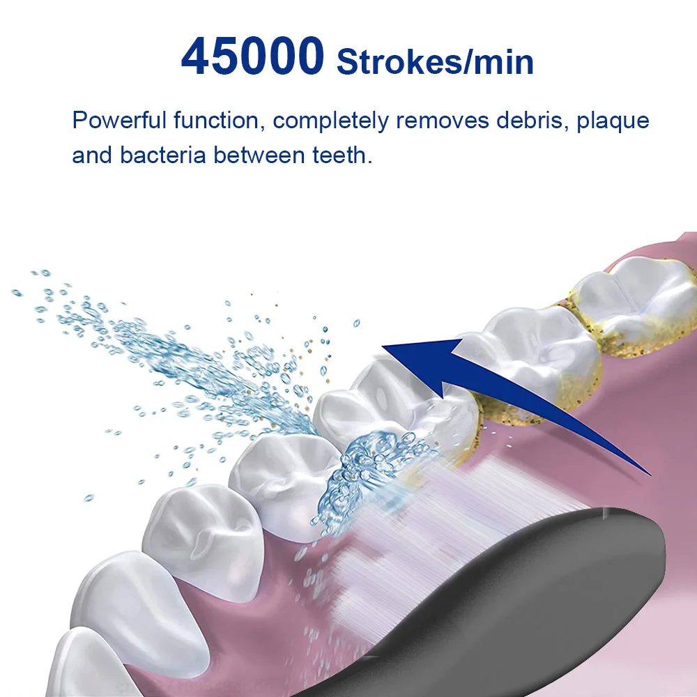 Ultrasonic toothbrush with high-frequency strokes removing stubborn plaque and debris between teeth.