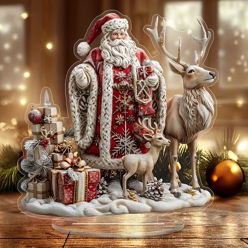 1pcs Christmas Reindeer Sleigh Santa Figurine 2D Acrylic Christmas Santa Claus On Sleigh Decoration Holiday Party Supplies