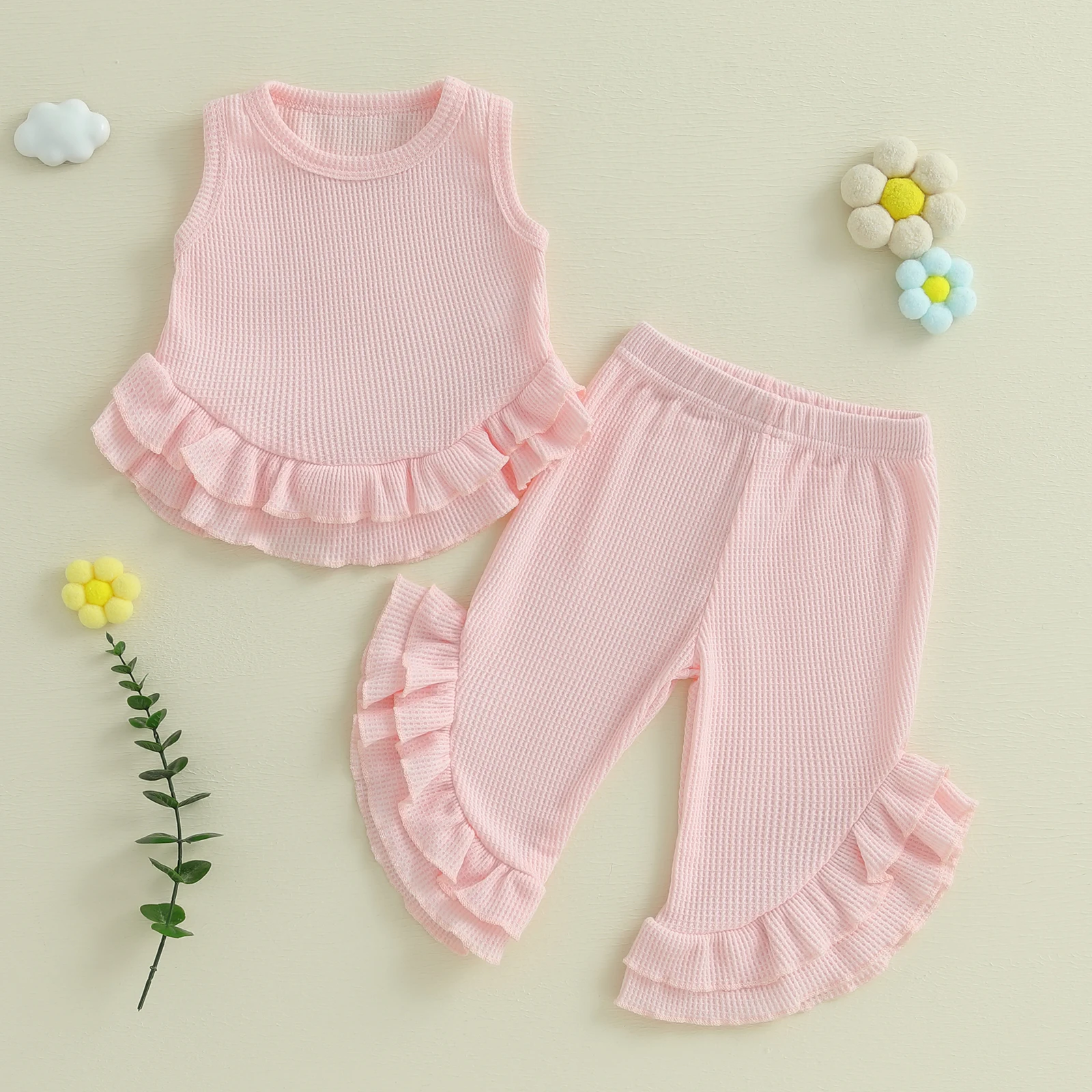 FOCUSNORM 0-4Y Fashion Kids Girls Summer Clothes Sets Solid Waffle Sleeveless Ruffled Tank Tops with Long Pants