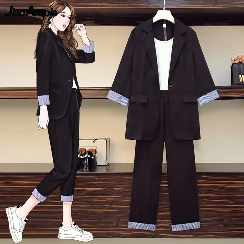 Women's Casual Blazer Set 2024 Spring New Fashion Black Suit+Vest+Trousers Three-piece Korean Elegant Chic Professional Suits