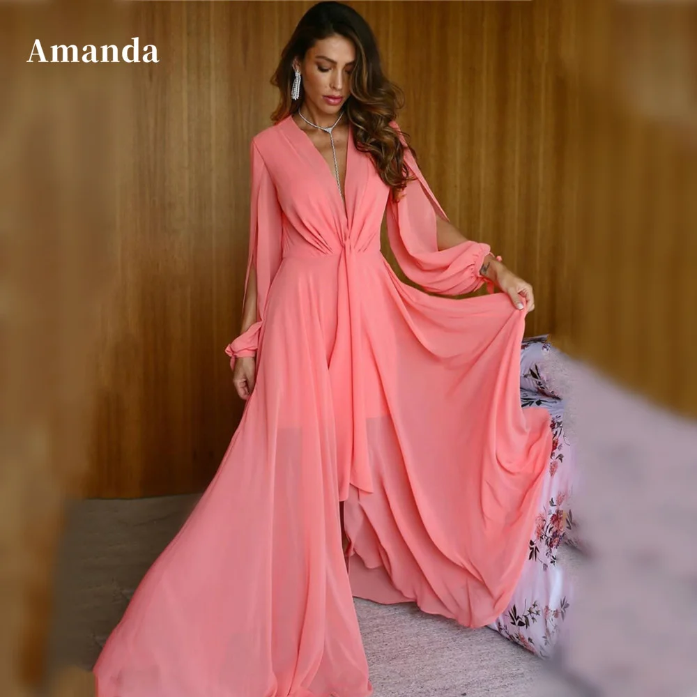 

Amanda Watermelon Red Formal Occasion Dresses Comfy Chiffon Prom Dress 2023 Sexy V-neck فستان سهرة Puffy Sleeve Party Dress