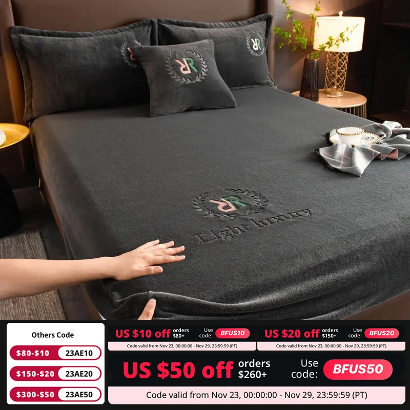 LEVIVEIThickenVelvetBedCoverElasticBedSheetsSetMattressCover