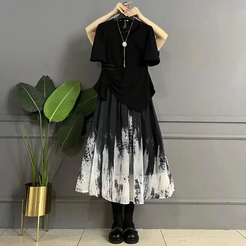 Summer Large Chinese Style Fashion Set Skirt Women's Style Pan Button Short sleeved Top Leisa Half skirt Two piece Setdress sets