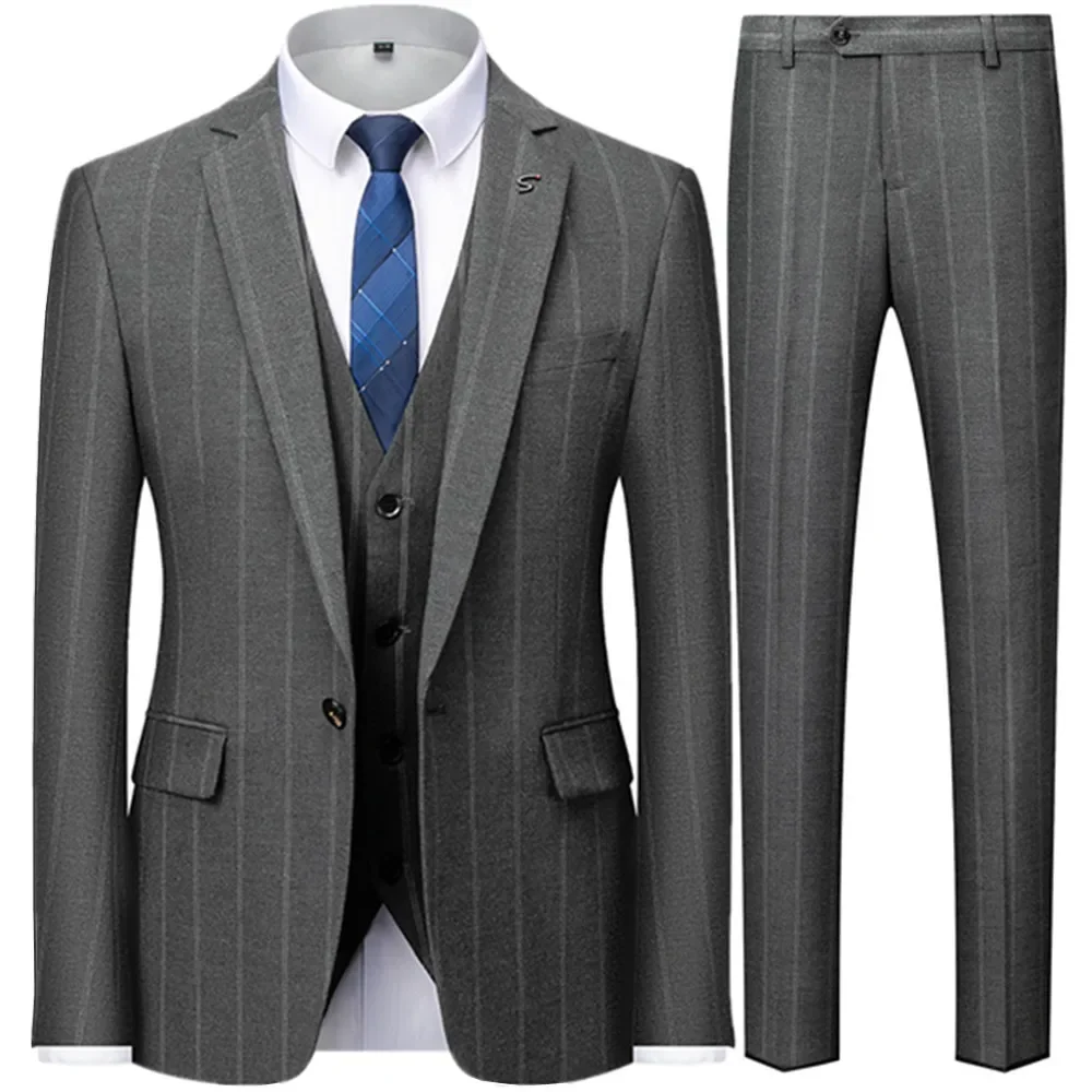 Men's Casual Boutique Business British Plaid Striped Suit Coat Trousers Waistcoat Blazers Jacket Pants Vest