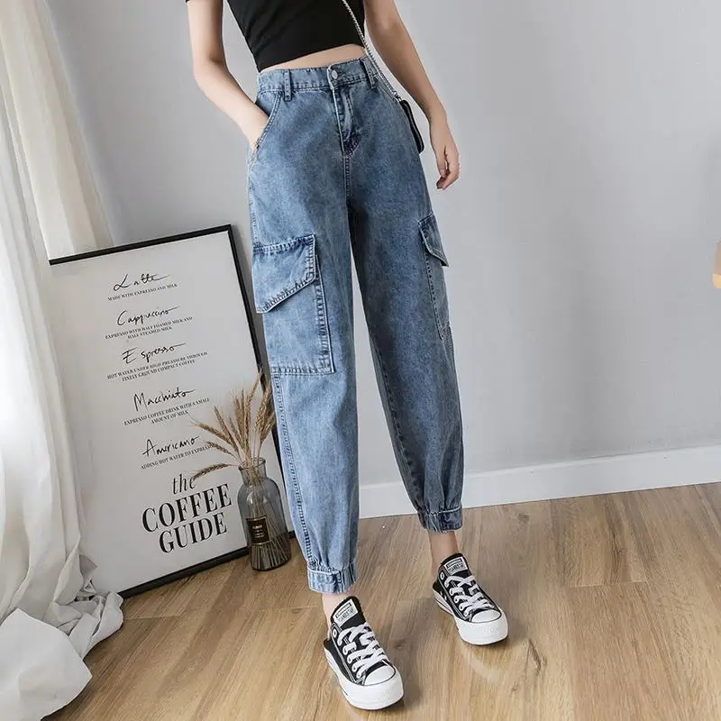Damskie jeansy styl Safari spodnie Retro wysokiej talii ponadgabarytowych Harajuku Yk2 Denim spodnie do kostek na co dzieล panie luลบne jeansy
