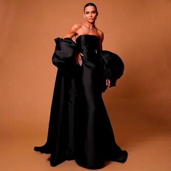 Black Satin Evening Dresses for Women 2025 Puffy Sleeves Wrap Elegant Formal Party Gowns Long Strapless Column Luxury Prom Dress 1